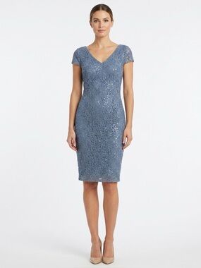 Alex Evenings Dusty Blue Lace Sequin Midi Dress